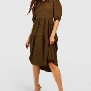 Womens Textured Puff Sleeve Tiered Midi Dress - Green - 8, Green