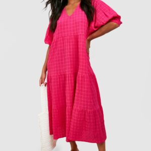 Womens Textured Puff Sleeve Tiered Midi Dress - Pink - 16, Pink