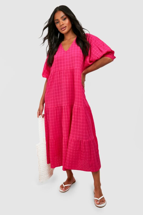 Womens Textured Puff Sleeve Tiered Midi Dress - Pink - 16, Pink