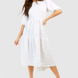 Womens Textured Puff Sleeve Tiered Midi Dress - White - 16, White