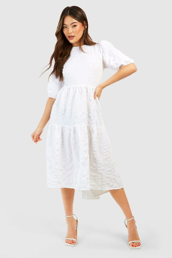 Womens Textured Puff Sleeve Tiered Midi Dress - White - 16, White