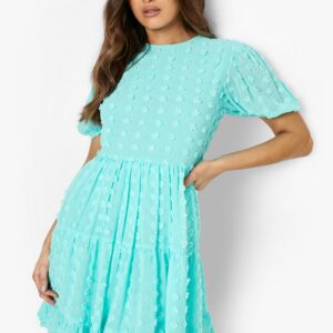 Womens Textured Spot Tiered Smock Dress - Green - 8, Green