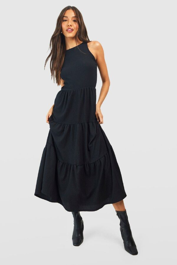 Womens Textured Tiered Cut Out Smock Dress - Black - 8, Black