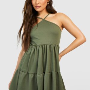 Womens Textured Tiered Halterneck Smock Dress - Green - 8, Green