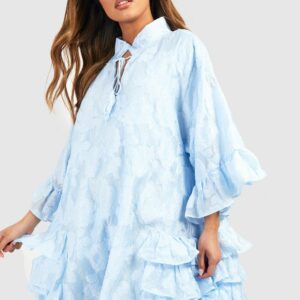 Womens Textured Woven Ruffle Smock Dress - Blue - 10, Blue