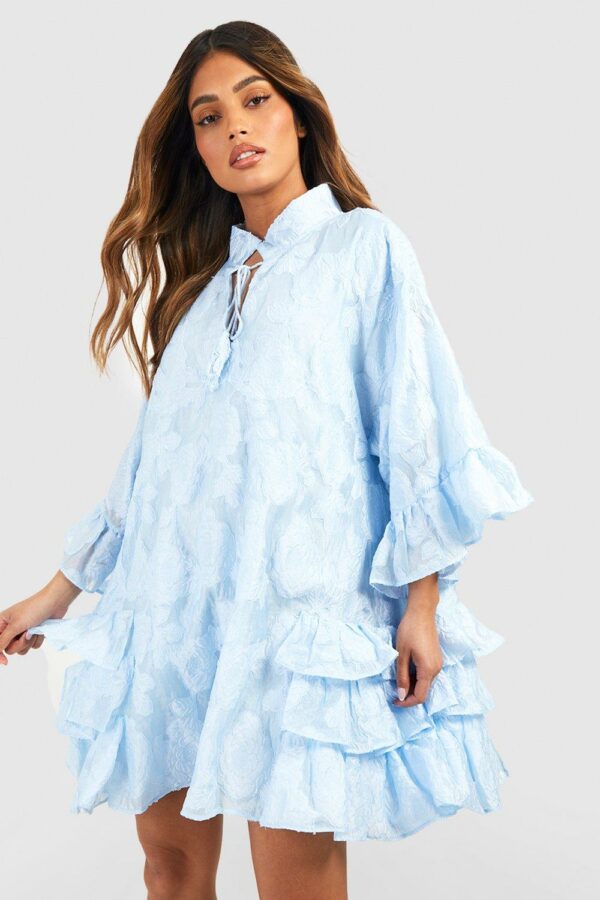 Womens Textured Woven Ruffle Smock Dress - Blue - 10, Blue