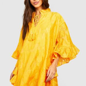 Womens Textured Woven Ruffle Smock Dress - Yellow - 12, Yellow