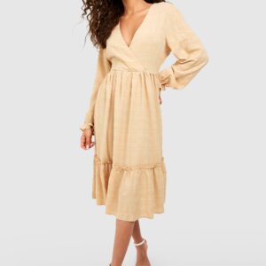 Womens Textured Wrap Smock Midi Dress - Beige - 16, Beige