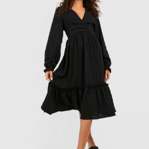 Womens Textured Wrap Smock Midi Dress - Black - 10, Black