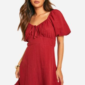 Womens Tie Front Puff Sleeve Cotton Smock Dress - Red - 8, Red