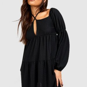 Womens Tie Neck Puff Sleeve Textured Smock Dress - Black - 8, Black