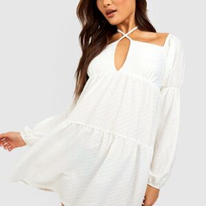 Womens Tie Neck Puff Sleeve Textured Smock Dress - White - 12, White