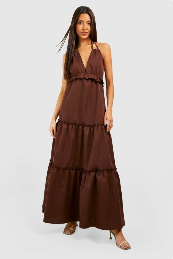 Womens Tiered Maxi Dress - Brown - 12, Brown