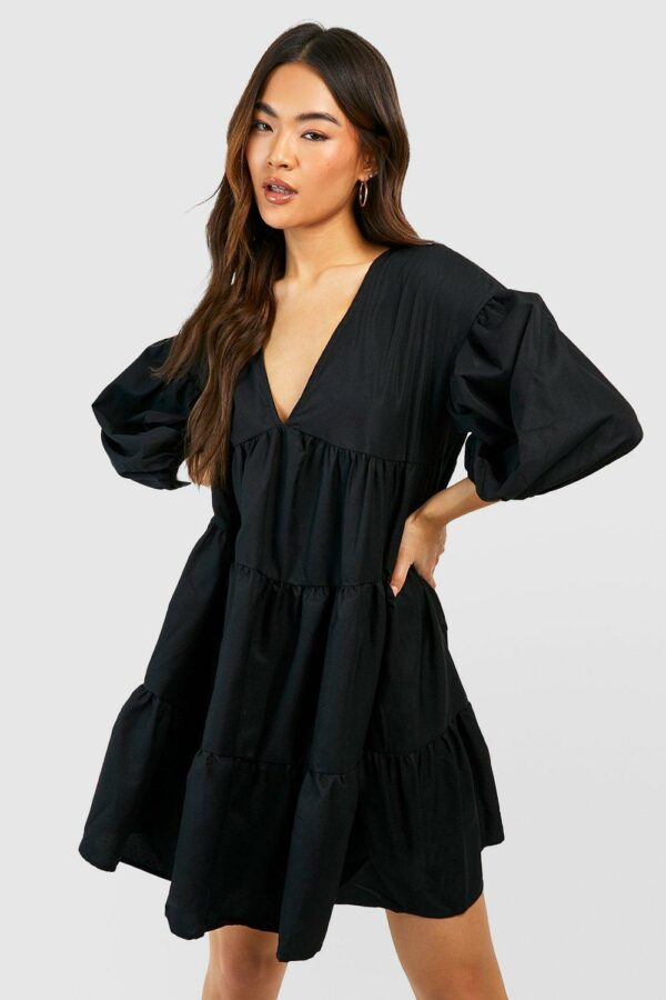 Womens Tiered Oversized Smock Dress - Black - 14, Black