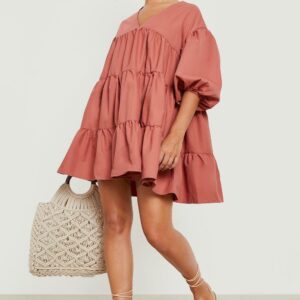 Womens Tiered Oversized Smock Dress - Brown - 12, Brown