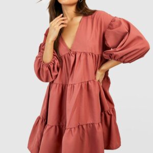 Womens Tiered Oversized Smock Dress - Brown - 8, Brown