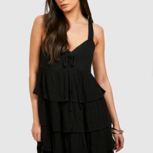 Womens Tiered Ruffle Smock Dress - Black - 8, Black