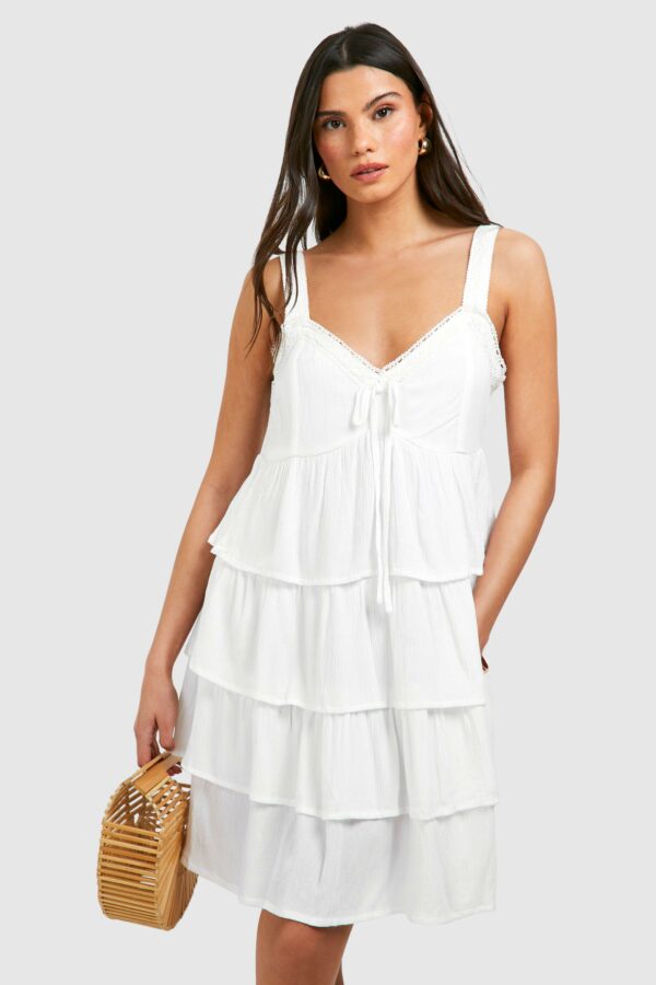 Womens Tiered Ruffle Smock Dress - White - 14, White