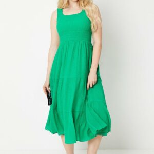 Womens Tiered Shirred Waist Midi Dress - Green - 18