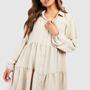 Womens Tiered Smock Shirt Dress - Beige - 10, Beige