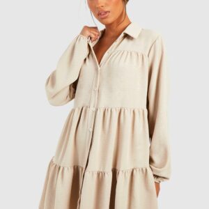 Womens Tiered Smock Shirt Dress - Beige - 12, Beige