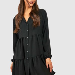 Womens Tiered Smock Shirt Dress - Black - 10, Black