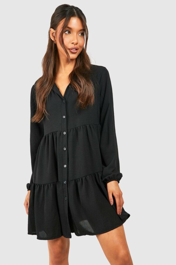 Womens Tiered Smock Shirt Dress - Black - 10, Black