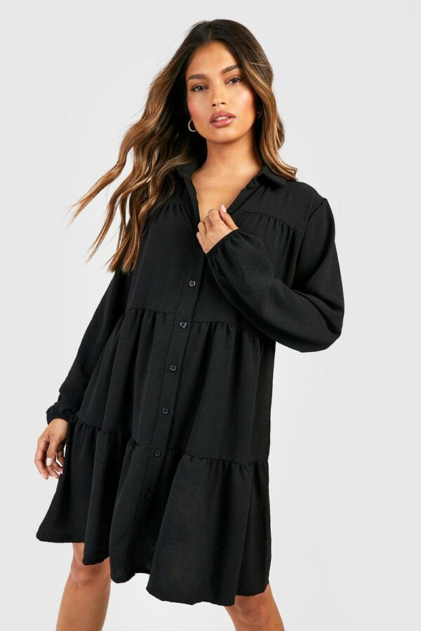 Womens Tiered Smock Shirt Dress - Black - 16, Black