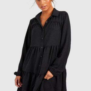 Womens Tiered Smock Shirt Dress - Black - 6, Black