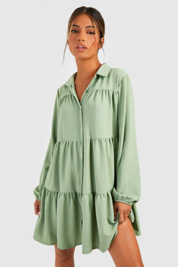 Womens Tiered Smock Shirt Dress - Green - 6, Green