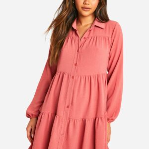 Womens Tiered Smock Shirt Dress - Pink - 12, Pink