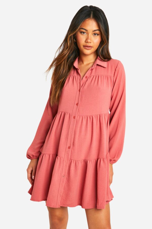 Womens Tiered Smock Shirt Dress - Pink - 12, Pink