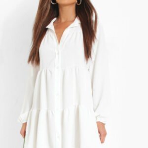 Womens Tiered Smock Shirt Dress - White - 10, White