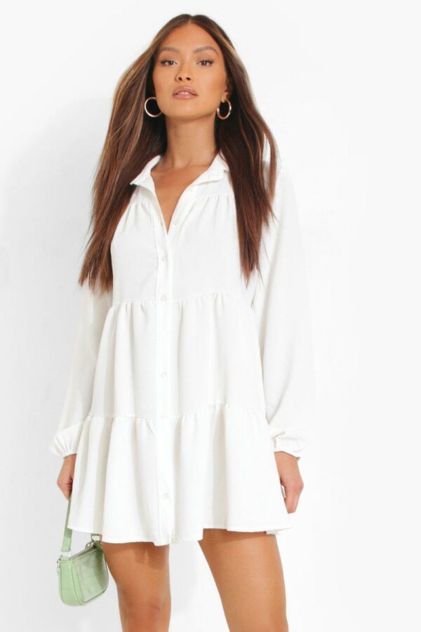 Womens Tiered Smock Shirt Dress - White - 10, White