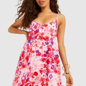 Womens Trapeze Strappy Floral Mini Dress - Pink - 8, Pink