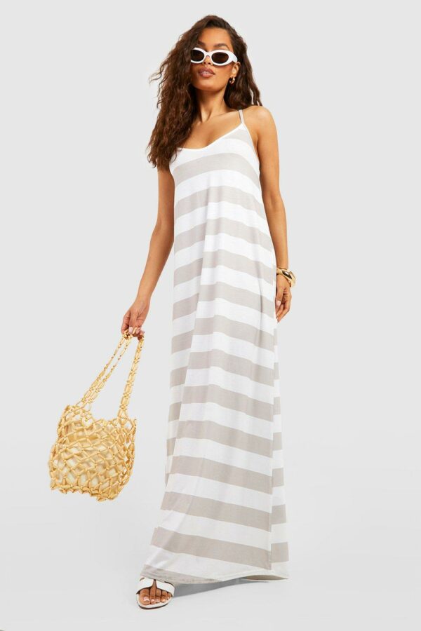 Womens Trapeze Strappy Stripe Maxi Dress - White - 8, White