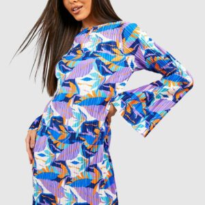 Womens Tropical Plisse Flare Sleeve Shift Dress - Blue - 8, Blue