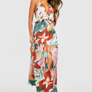 Womens Tropical Print Tiered Maxi Dress - Green - 10, Green