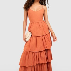 Womens V Neck Tiered Linen Maxi Dress - Orange - 12, Orange