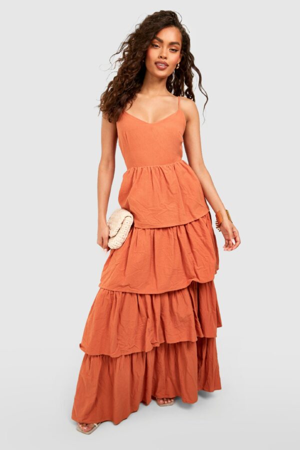 Womens V Neck Tiered Linen Maxi Dress - Orange - 12, Orange