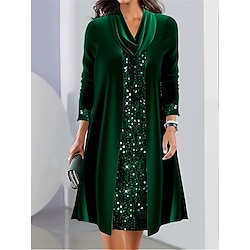 Women's Velvet Dress Sequin Dress Party Dress Velvet Sequins Patchwork Crew Neck Long Sleeve Midi Dress Christmas Wedding Guest Green Spring Fall