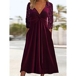 Women's Velvet Dress Sequin Dress Party Dress Velvet Sequins Pocket V Neck Long Sleeve Midi Dress Office Wedding Guest Wine Spring Fall