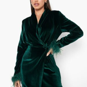 Womens Velvet Feather Trim Wrap Blazer Party Dress - Green - 14, Green