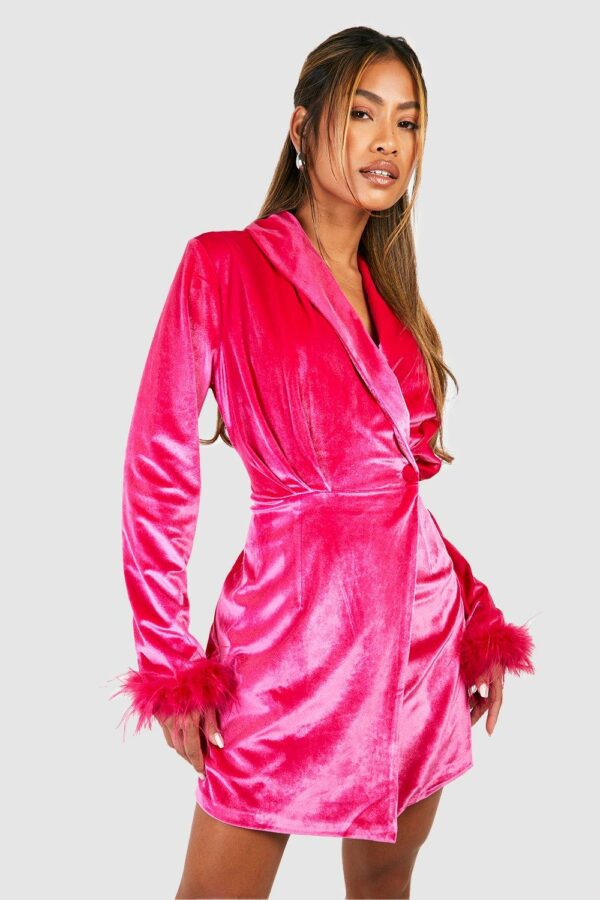 Womens Velvet Feather Trim Wrap Blazer Party Dress - Pink - 10, Pink