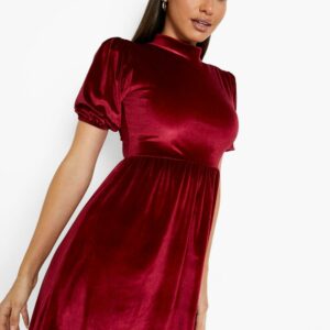 Womens Velvet High Neck Puff Sleeve Smock Party Dress - Red - 10, Red