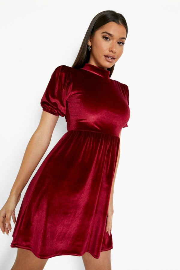 Womens Velvet High Neck Puff Sleeve Smock Party Dress - Red - 10, Red