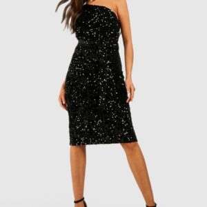 Womens Velvet Sequin Asymmetric Belted Midi Party Dress - Black - 14, Black