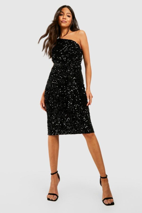 Womens Velvet Sequin Asymmetric Belted Midi Party Dress - Black - 14, Black