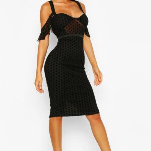 Womens Velvet Spot Cupped Midi Party Dress - Black - 12, Black