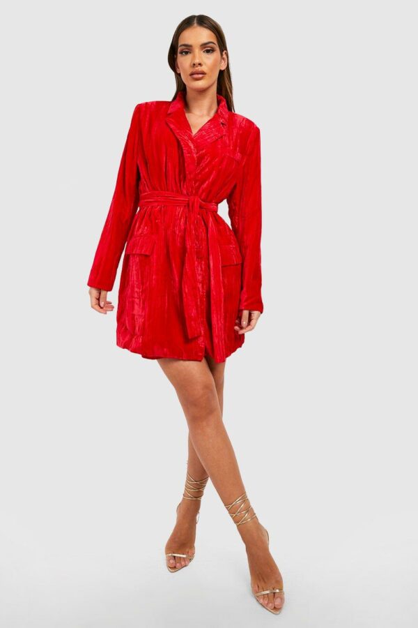 Womens Velvet Tie Waist Blazer Party Dress - Red - 8, Red